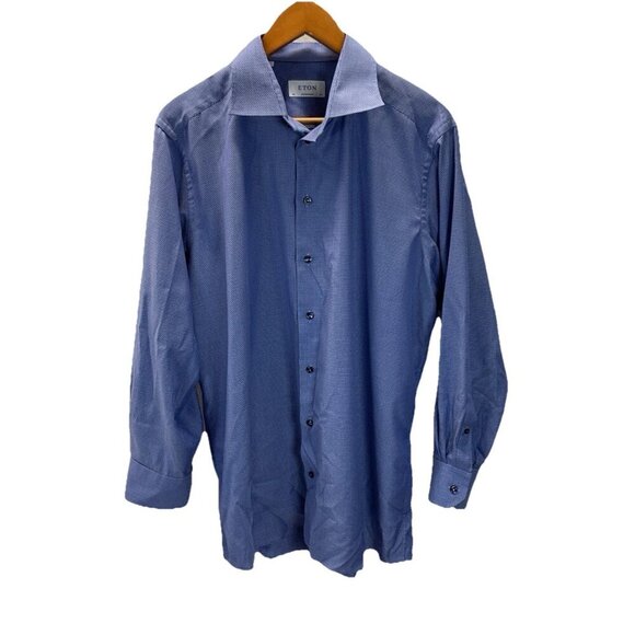 Eton Shirt 17.5 44 Button Up Long Slve Blue Signature‎ Twill Cotton contemporary - Picture 1 of 13